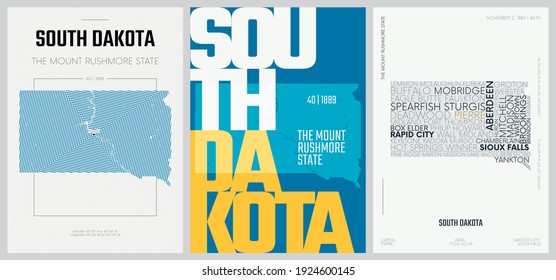 40 of 50 sets, US State Posters with name and Information in 3 Design Styles, Detailed vector art print South Dakota map