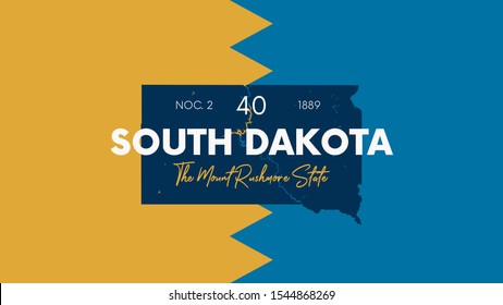 40 of 50 states of the United States with a name, nickname, and date admitted to the Union, Detailed Vector South Dakota Map for printing posters, postcards and t-shirts