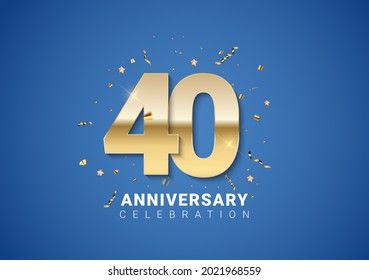 40 anniversary background with golden numbers, confetti, stars on bright blue background. Vector Illustration EPS10