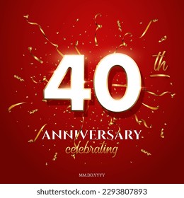 40 Anniversary Celebrating text with golden serpentine and confetti on red background. Vector forty anniversary celebration event square template with white numbers with gold frame.