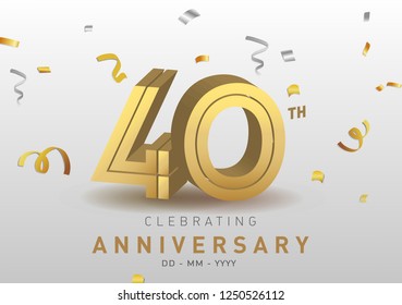 40 Anniversary gold numbers with golden confetti. Celebration 40th anniversary event party template.