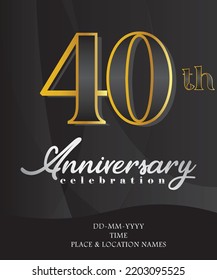 40 Anniversary Invitation and Greeting Card Design, Golden and Silver Coloured, Elegant Design, Isolated on Black Background. Vector illustration.