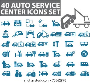 40 Auto Service Center Icons, Signs, Vector Illustrations