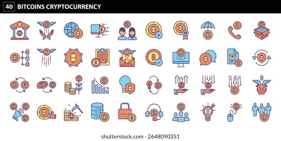 40 Bitcoins Ícones de criptomoeda: Visuais Essenciais para Moeda Digital, Blockchain e Tecnologia Financeira