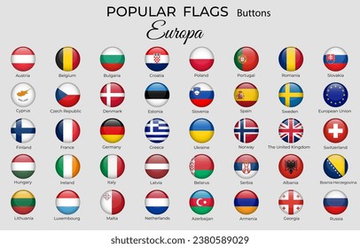 40 botones banderas de países europeos. Juego de iconos de la bandera europea. 3.º diseño redondo. Colores oficiales. Vector aislado