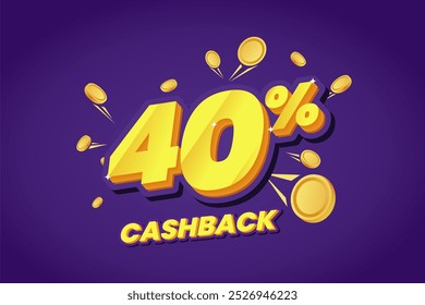 40% cashback promotional banner featuring bold yellow text with shining effects, surrounded by floating gold coins on a vibrant purple background. Perfect for sales campaigns.