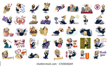 40 characters of funny ostrich express feeling and emotion on white. vector illustration
