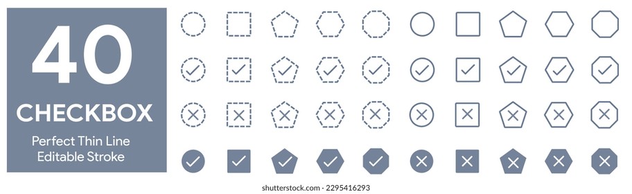 40 Checkbox icon set, thin line vector, editable stroke