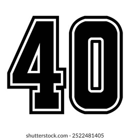 40 Classic Vintage Sport Jersey Uniform numbers in black with a black outside contour line number on white background for American football, Baseball and Basketball or soccer for shirt