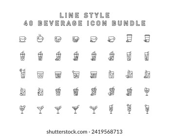 40 Collection Of Drink Icon, Juice, Glass, Alcohol, Soft Drink. Line Icon