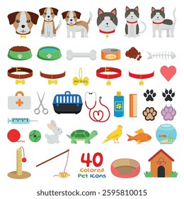 40 Colored Pet Icons - Dog, Cat, Food, Bones, Collars, Paws, Veterinary Items, Toys, Fish, Rabbit, Turtle and more.