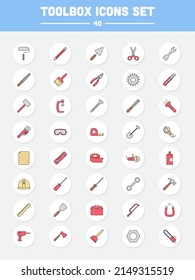 40 Colorful Repair Tools Flat Icon Set On Circle Background.