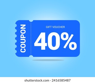 40% coupon promotion sale. Forty percent Vector Gift Voucher. Blue discount, lucky ticket, special offer promo. Web, shopping label, percent sign. Special price offers.