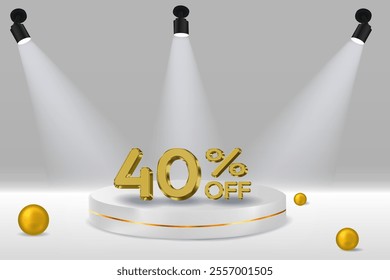 40% discount. 3D realistic golden number. white podium. Golden numbers. Template for products, advertising, web banners, flyers, certificates and postcards. Vector.