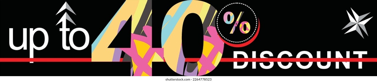 Up to 40 % discount banner vector ilustration with font decorative futuristik and colorful in black background 