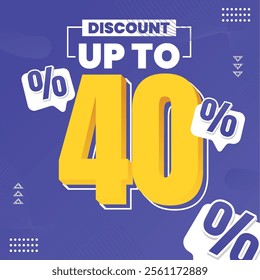 40% Discount Design with Bold Yellow Typography, Playful Percent Signs, and Modern Abstract Patterns. Perfect for grabbing attention and boosting engagement!