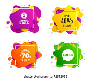 Up to 40% Discount. Liquid shape, various colors. Sale offer price sign. Special offer symbol. Save 40 percentages. Geometric vector banner, square frames. Discount tag text. Vector
