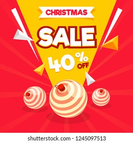 40% discount offer for Christmas sale template or flyer design decorated with baubles and abstract elements on red background.