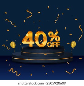 40% discount. Discount on creative composition. 3D sale symbol with decorative objects, golden confetti, podium. 40 percent. Sale banner and poster. Vector illustration.