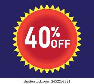40% de desconto. Desconto em suas vendas. Porcentagem em branco dentro de um círculo vermelho com elementos gráficos amarelos ao redor. Fundo azul.