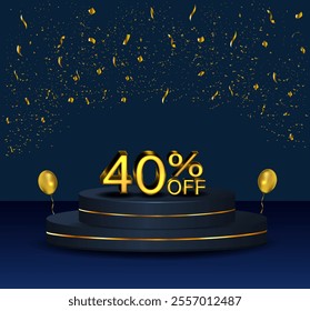 40% discount. podium with golden numbers and confetti. Discount on creative composition. Sale banner and poster. Vector illustration..