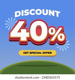 40% Discount Promotional Banner with 3D Text, Fireworks, Blue Gradient Background, and a Special Offer Button on a Green Hill with Eye catching Sale Advertisement Design