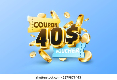 40 dollar coupon gift voucher, cash back banner special offer. Vector illustration