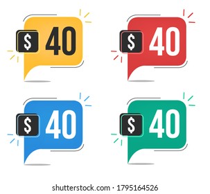 $40 dollar price. Yellow, red, blue and green currency tags. Balloon concept with forty dollars for sales.