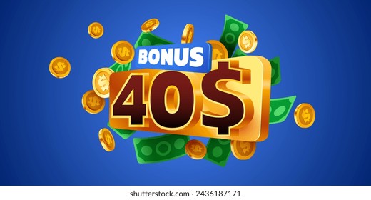 40 dólares extra. Caída de monedas de oro. Cashback o concepto de premio. Ilustración de vector