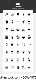 40 Drinks and Cocktails Icons Set - Drinks and Beverage Icons and Vector Set in Black and White