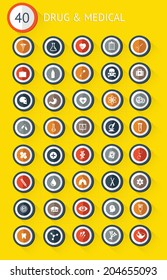 40 Drug and medical flat buttons on yellow background,vector