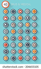 40 Drug and medical flat buttons on blue background,vector