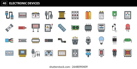 40 Electronic Devices Icons: Essential Visuals for Gadgets, Components, and Electrical Equipment