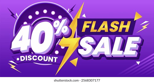 40% Flash Sale Discount Banner with Vibrant Purple Lightning Design