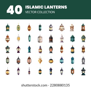 40 flat style Islamic lantern designs, collection of islamic lantern decorations for ramadan and islamic holidays.