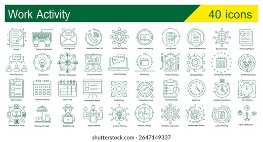 40 Flat Vector Icons. Editable icon set. Work Activity Icon Set for Productivity, Office Task, Remote Work and Team Collaboration