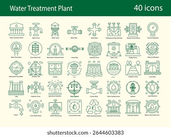 40 ícones de vetor planos. Conjunto de ícones de infraestrutura de água para projetos de serviços públicos, irrigação, engenharia e Smart City.