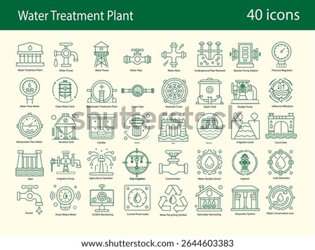 40 Flat Vector Icons. Water Infrastructure Icon Set for Utilities, Irrigation, Engineering and Smart City Projects.