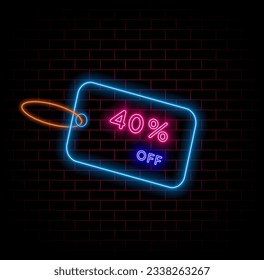 40%. forty percent off. blue label. neon lettering template. in pink and blue colors. illustration for advertising, percentages, sale tag, percentage. neon style. brick wall background in red and blac