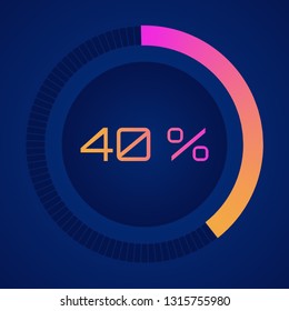 40 % forty percent. Vector digital count down circle board. Circular sector percentage diagrams (meters) - indicator with gradient from hot pink to orange. Vector Colorful pie charts