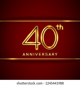 40 / Forty Years Anniversary Logo with Shiny Golden Number on Red Background Isolated. 40th / Fortieth Celebration Event. Can Use for Poster, Invitation and Greeting Card. Easily Editable Vector.