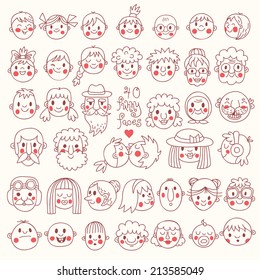 40 Funny Faces. People of all ages. Cute vector set.