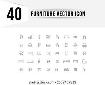 40 Furniture icons set dining table, bed, couch, tv table, office chair, dressing table, book shelf, vector illustration