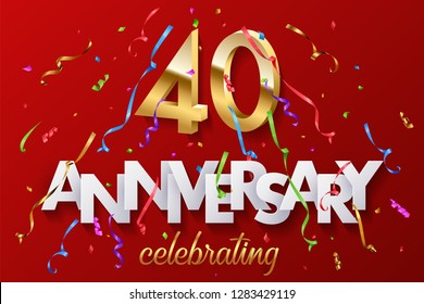 40 golden numbers and Anniversary Celebrating text with colorful serpentine and confetti on red background. Vector celebration 40th anniversary event horizontal template