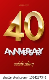 40 golden numbers and Anniversary Celebrating text on red background. Vector vertical fortieth anniversary celebration event invitation template