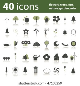 40 icons: flowers, trees, eco, nature, garden, misc