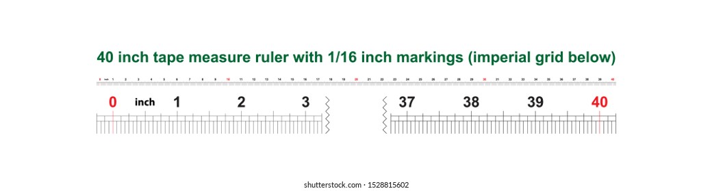 40 inch tape measure ruler with 1/16 inch markings. Imperial grid below. Scale 1:1.