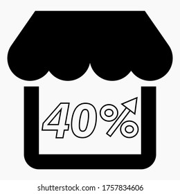 40% de aumento en las ventas de tiendas. Edificio de la tienda y aumento de porcentaje en un fondo blanco. Crecimiento de las ventas en el supermercado. Icono de vector