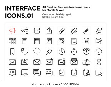 40 Interface Icons 01, pixel perfect, created on 24x24px grid, ready for all mobile platforms, web and print, easy to change color or size 