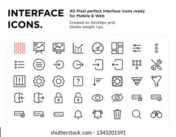 40 Interface Icons, pixel perfect, created on 24x24px grid, ready for all mobile platforms, web and print, easy to change color or size 